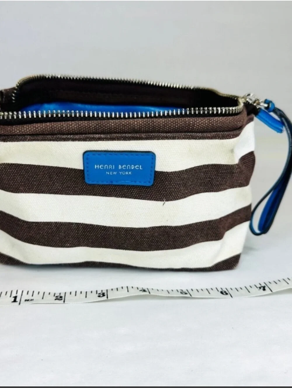 henri bendel Black and White Striped Wristlet with Blue Accent
